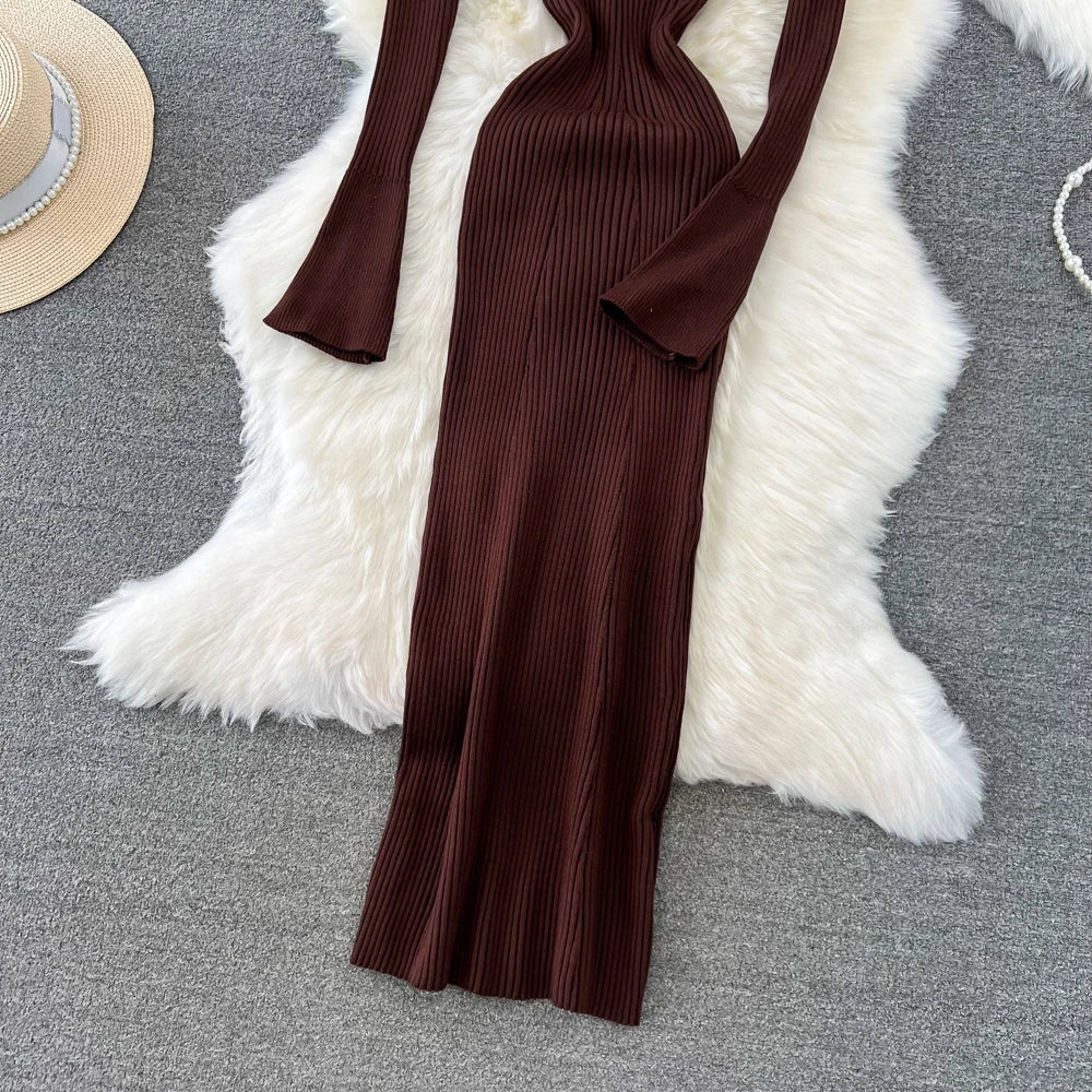 Women Chic Elegant Long Sleeve Bodycon Vneck Dress Sexy French Fashion Knit Wrap Vestidos Elastic Slim Pencil Sweater Dress
