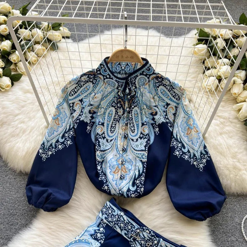 Spring Summer Retro Print Two Piece Set Women Lantern Sleeves Standing Neck Blouse Top+High Waist Wide Leg Shorts Elegant Suits