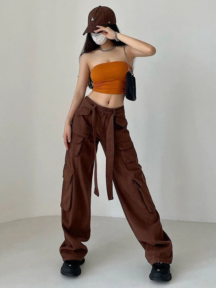 Women's High Waist Cargo Pants with Lace Belt Street Multi Pocket Straight Leg Casual Trousers Spring Autumn New Y2K Vintage