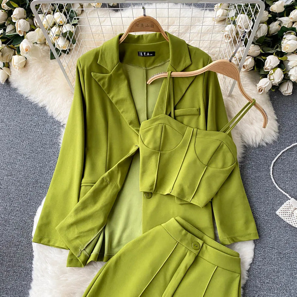 Women Elegant Blazer Three Piece Sets Sexy Tank Tops Loose Jacket and Slim High Waisted Long Pants Suits Woman Outfits