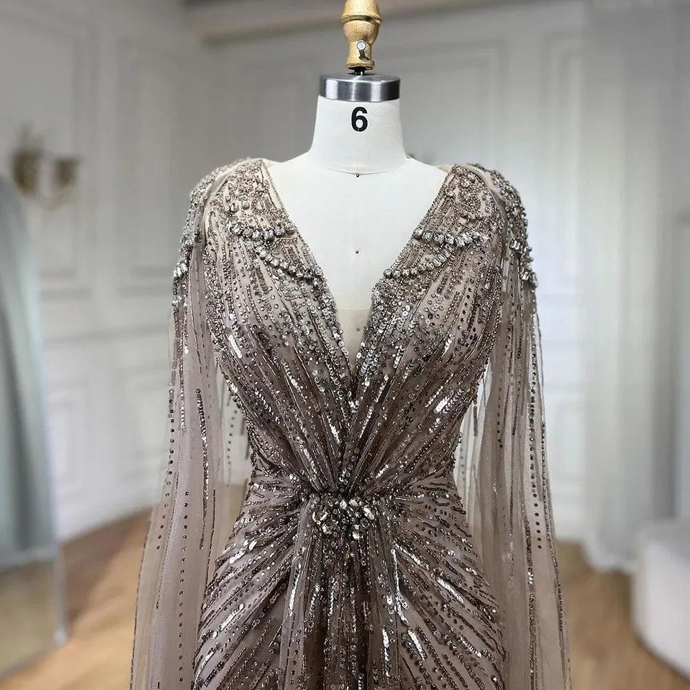 Serene Hill Turquoise Mermaid Evening Dresses Gowns 2024 with Beaded Cape Sleeves Design for Women's Wedding Party BLA72168A