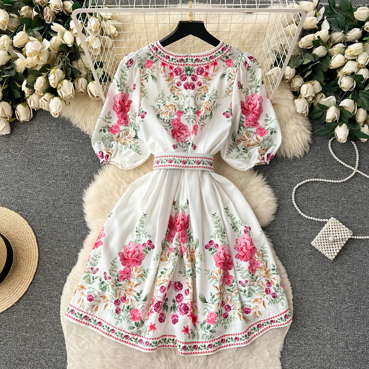 Summer Dress Women 2023 Fashion Clothing V Neck Vintage Floral Print Mini Dress Short Puff Sleeve Belted Elegant Party Dresses