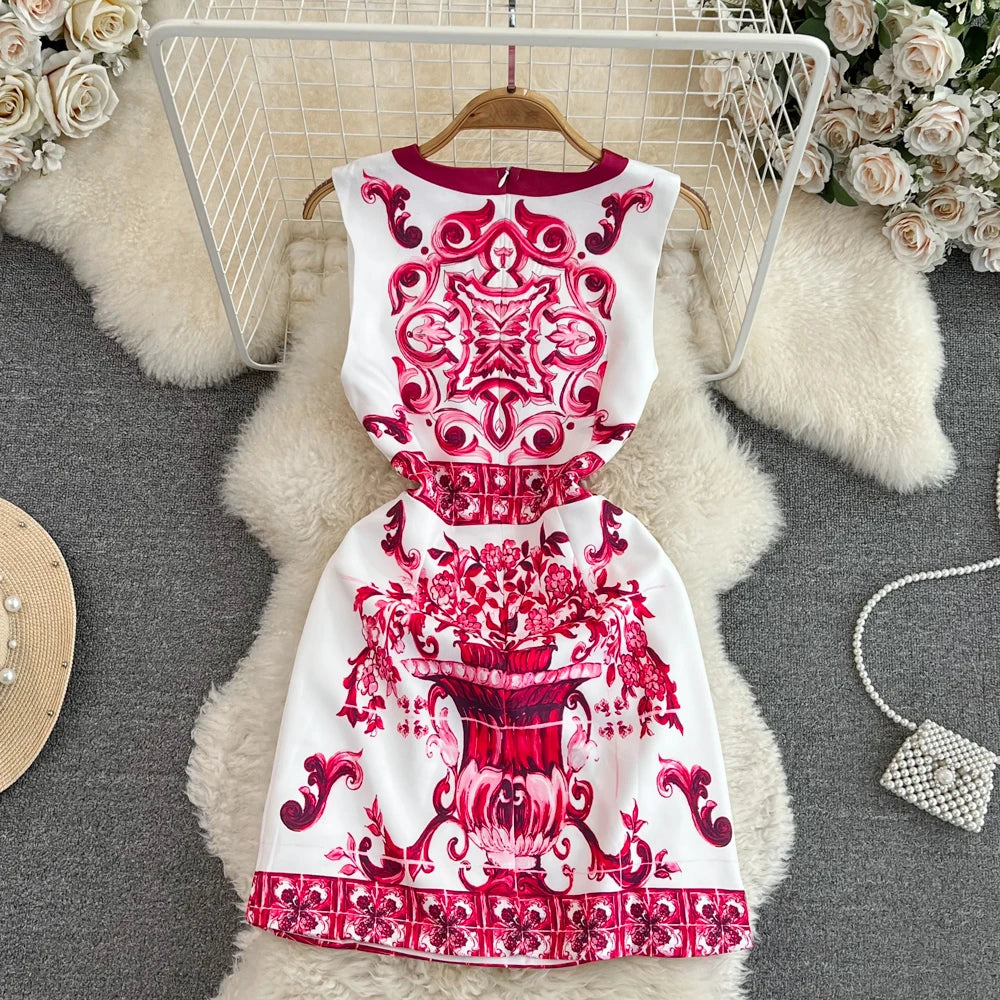 New In Dresses Summer Clothes For Women 2023 Fashion Elegant Vintage Print Party Dress Round Neck Sleeveless A Line Mini Dress