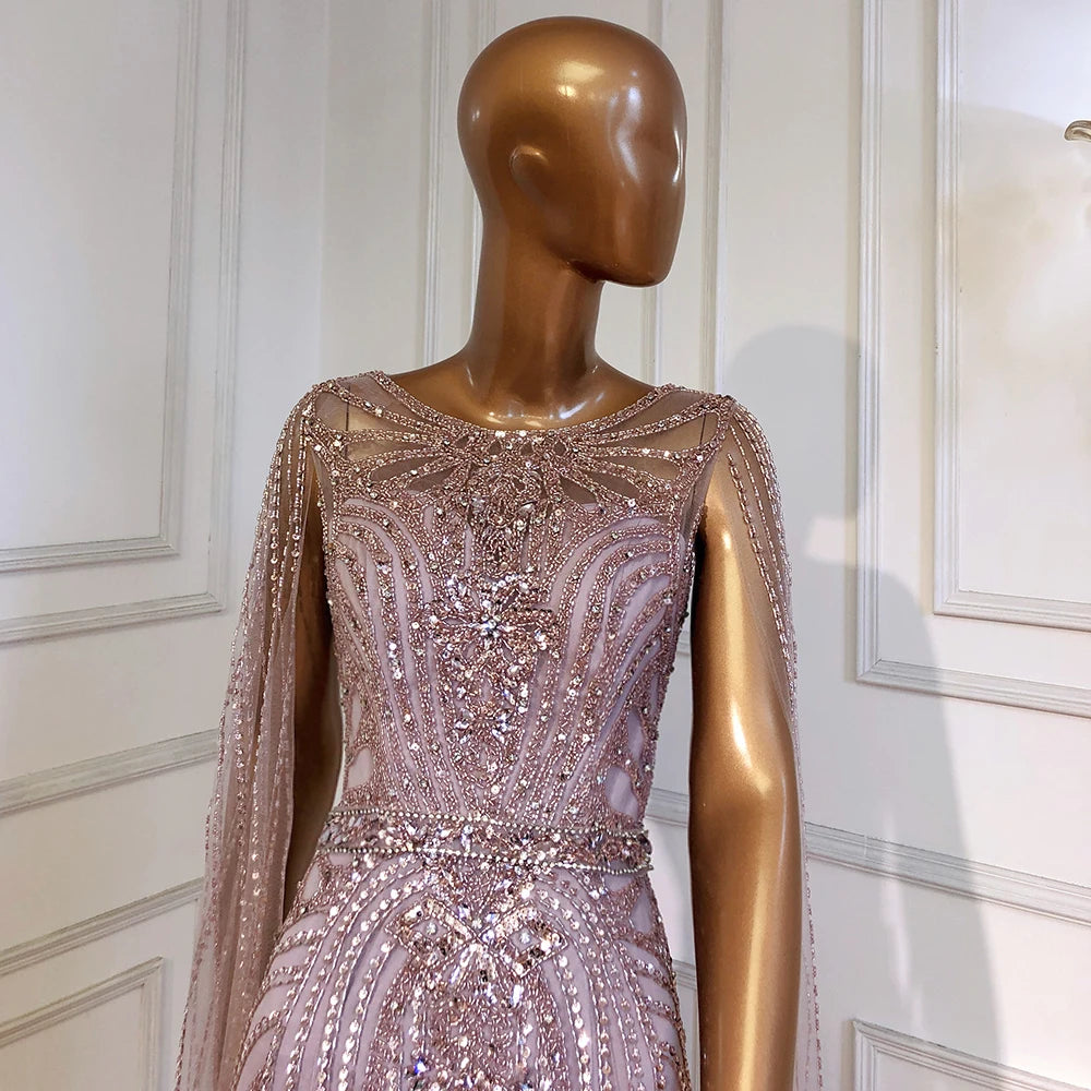 Serene Hill Brown Mermaid Elegant 2024 With Cape Sleeves Beaded Luxury Evening Dresses Gowns   For Women Party LA70638