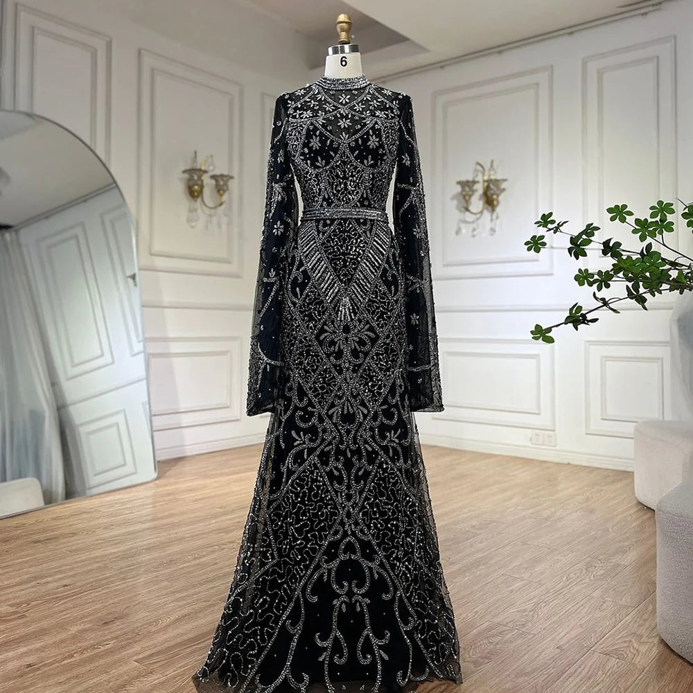 Serene Hill 2024 Muslim Nude Mermaid Elegant Bell Sleeve Beaded Luxury Dubai Long Evening Dress for Formal Occasion LA72316A