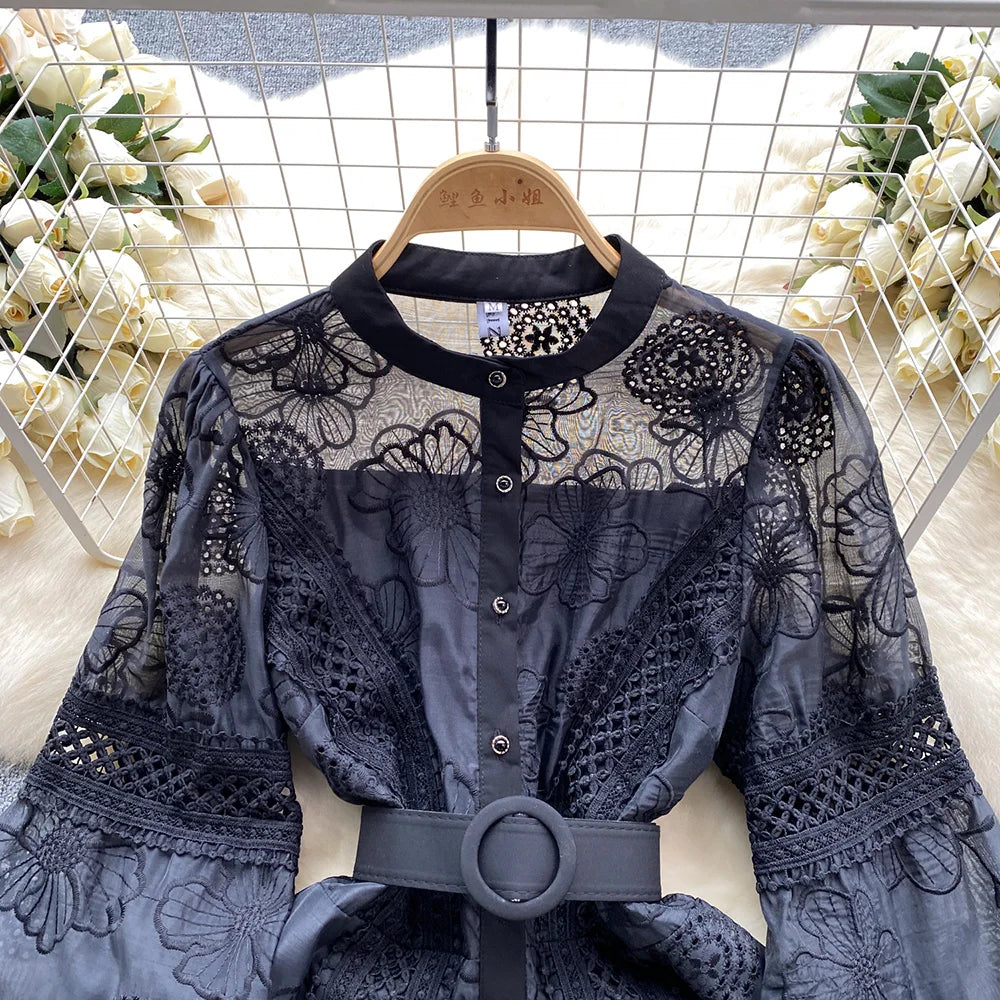 Spring Dresses 2024 Crochet Trim Cutwork Embroidery Mini Holiday Dress Women Stand Collar Long Sleeve Elegant Party Dresses