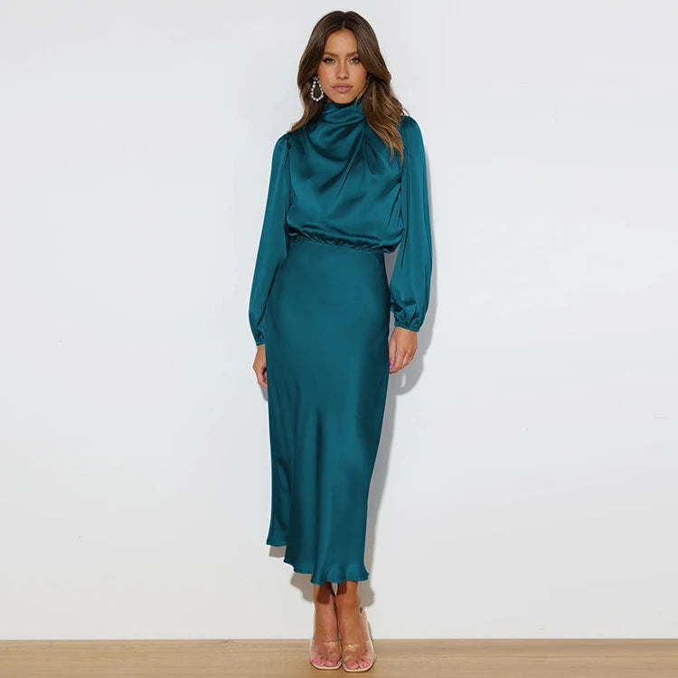 Spring Summer New High-End Satin Long Sleeved Dress Women's Ladylike Elegant Evening Dress Party Clothes Celebrity Dresses