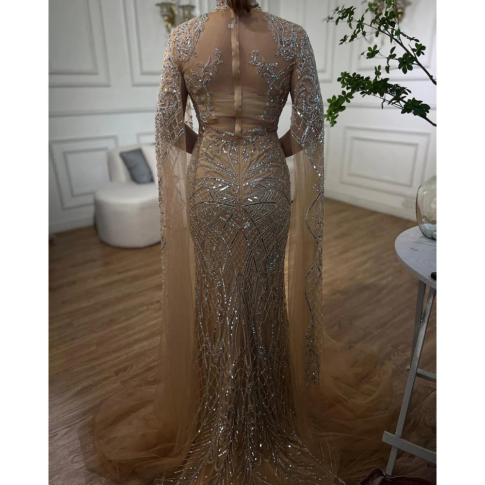 Serene Hill Nude Mermaid Elegant Sexy High Collar Cape Sleeves Luxury Beaded Evening Dresses Gowns 2024 For Women Party GLA71747