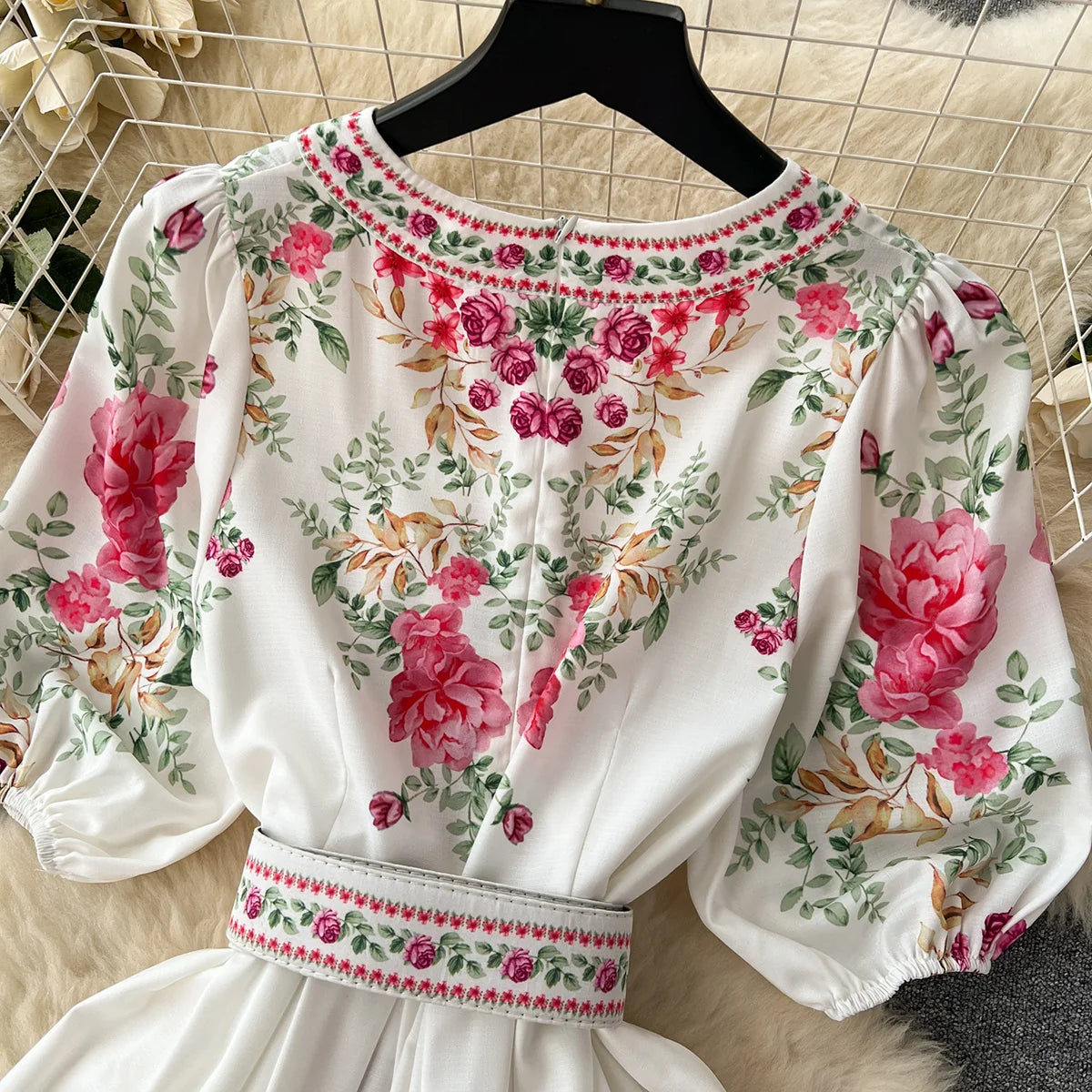 Summer Dress Women 2023 Fashion Clothing V Neck Vintage Floral Print Mini Dress Short Puff Sleeve Belted Elegant Party Dresses