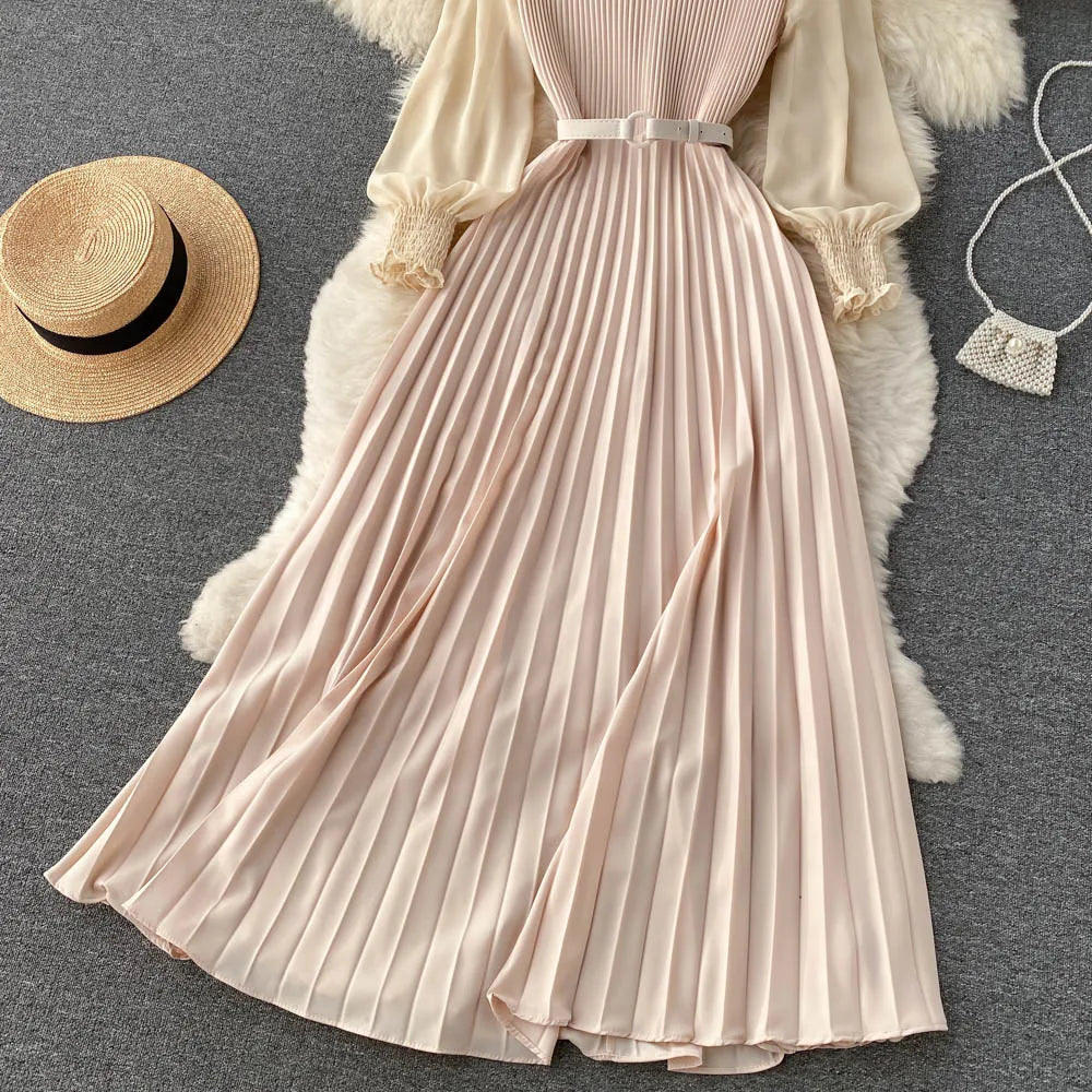 Chic Pleated Elegant Puff Sleeve Dress A-line Chiffon High Waist Belt Beach Vacation Party Dress Women Summer Spring Vestidos