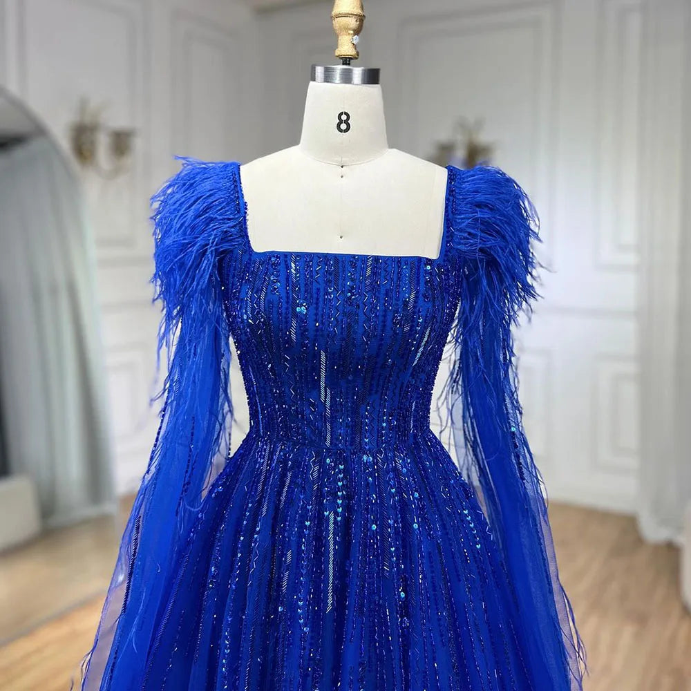 Serene Hill Luxury Dubai A Line Blue Cape Sleeves Feathers Beaded Evening Dresses Gowns 2023 For Women Wedding Party BLA72236