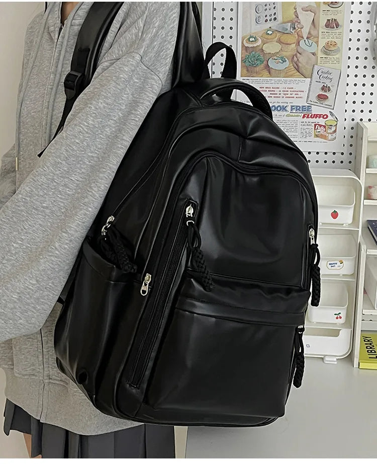 Korean Fashion College Student School Bags Women's New Trendy Casual Glossy Leather Backpacks Versatile Large Capacity Handbags
