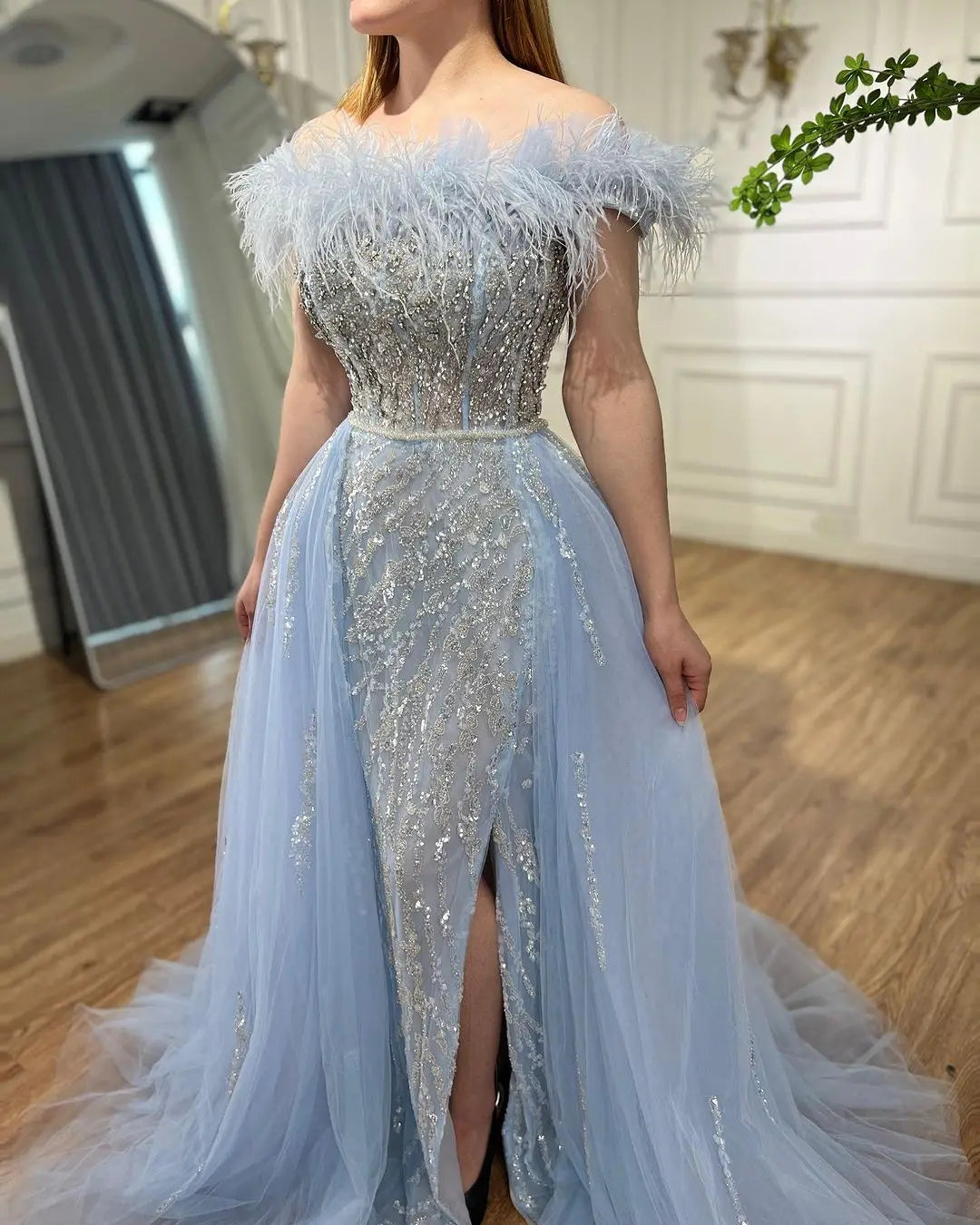 SERENE HILL 2024 Blue Feather Mermaid Luxury Beaded Evening Dresses Overskirt Formal Pink Gowns For Women Wedding Party GLA72061
