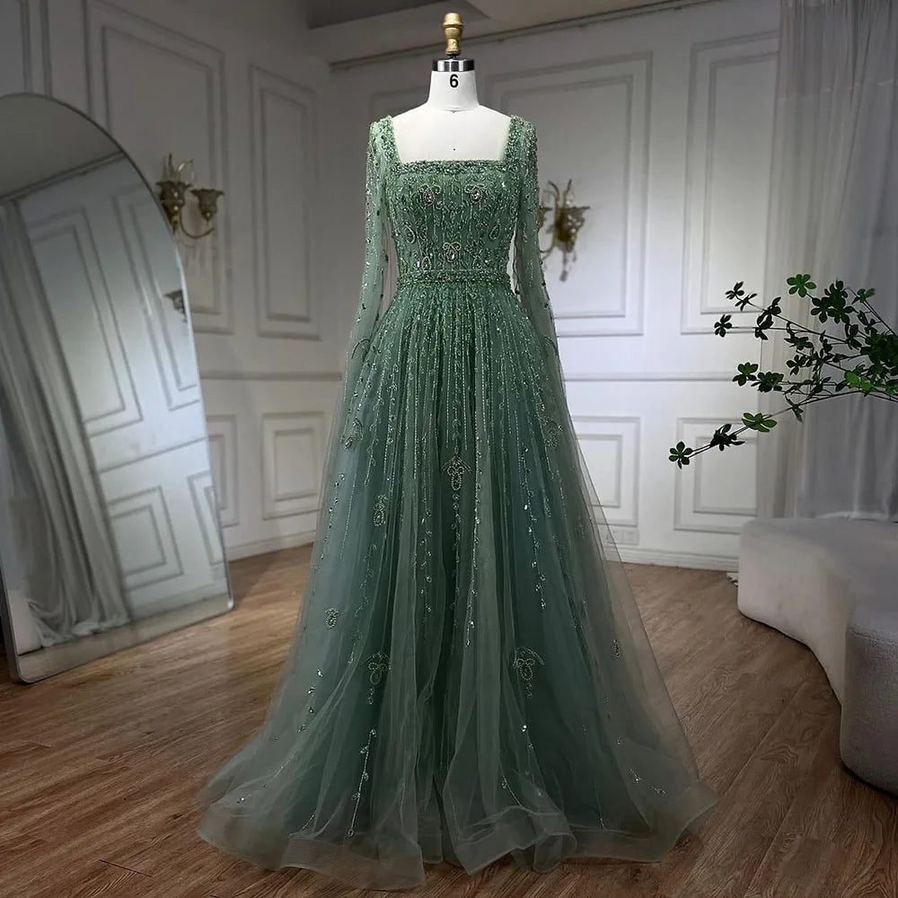 Serene Hill 2024 Muslim Pink A Line Beaded Elegant Cape Sleeve Luxury Evening Dresses Gowns For Women Wedding Party LA71803A
