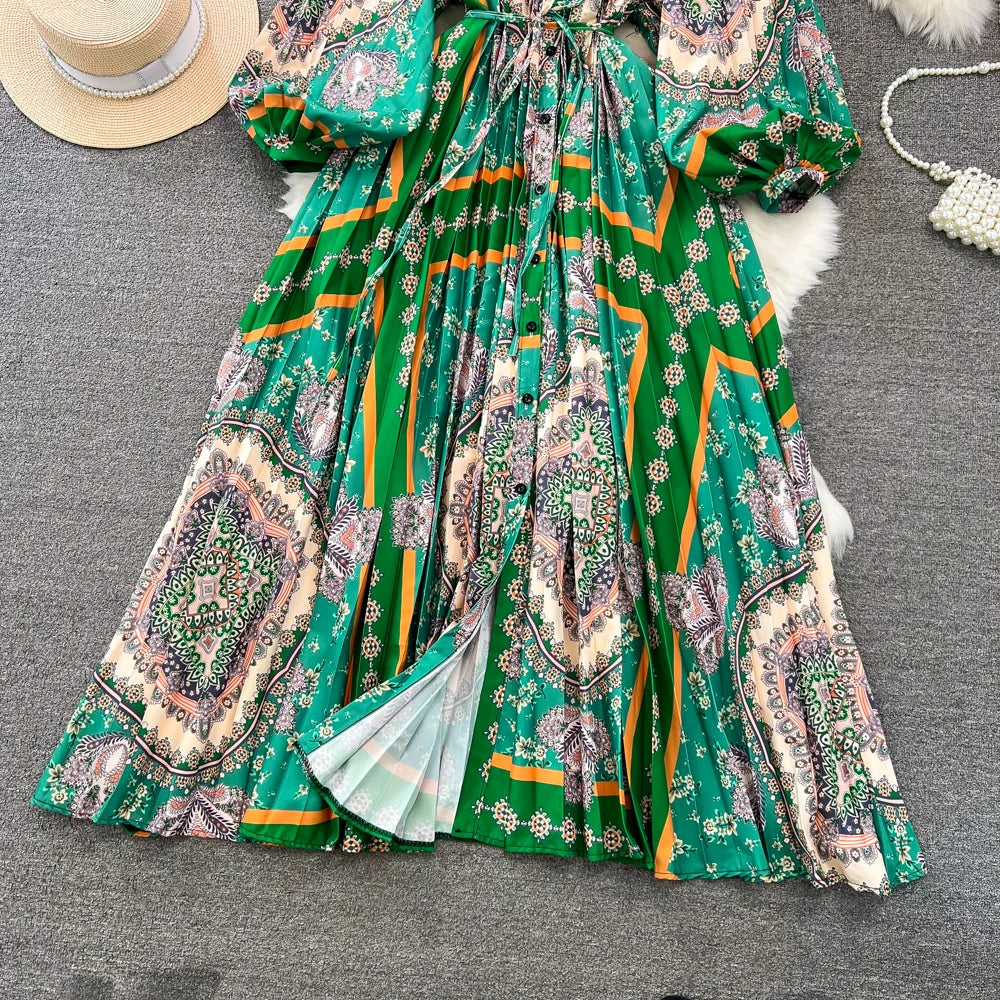 Women's Retro Ethnic Long Dresses Lantern Sleeves Bohemian Holiday Female Dress Robe Vestidos Para Mujer Spring Autumn Платье
