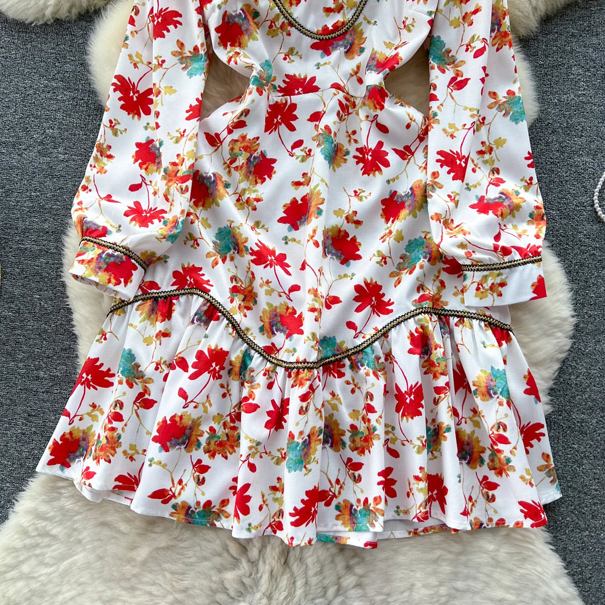 Elegant Dresses For Women 2023 New In Contrast Trim Vintage Floral Print Dress V Neck Long Sleeve Ruffle Hem Vacation Mini Dress