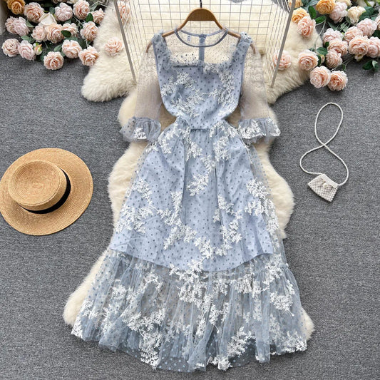 High Quality France Style Mesh Dress Women Long Ruffles Sleeves O Neck Embroidery Dot Zipper Ruched Gentle Party Sundress