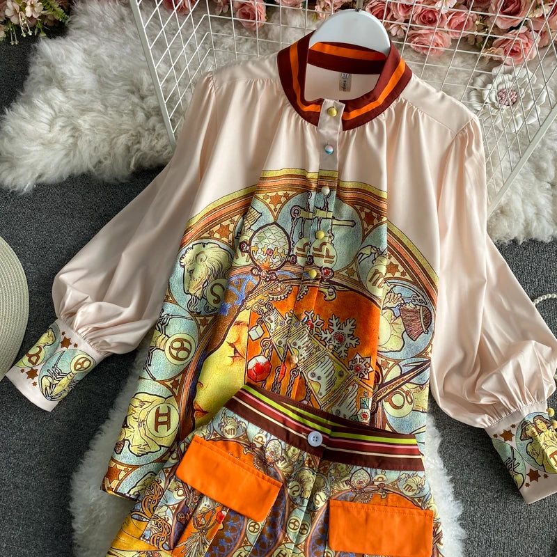 Women Printed Two Piece Set Retro Chic Spring Fragmented Flower Shorts+Long Sleeve Shirt Top Elegant Suits Spring Summer Outfits