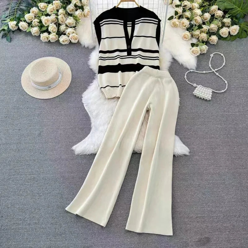 Y2k Clothes Women Fashion Set Two Pieces Streetwear Sleeveless Knitted Self Cultivation Top High Waisted Wide Legs Trousers New