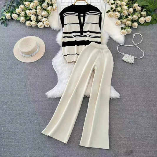 Y2k Clothes Women Fashion Set Two Pieces Streetwear Sleeveless Knitted Self Cultivation Top High Waisted Wide Legs Trousers New