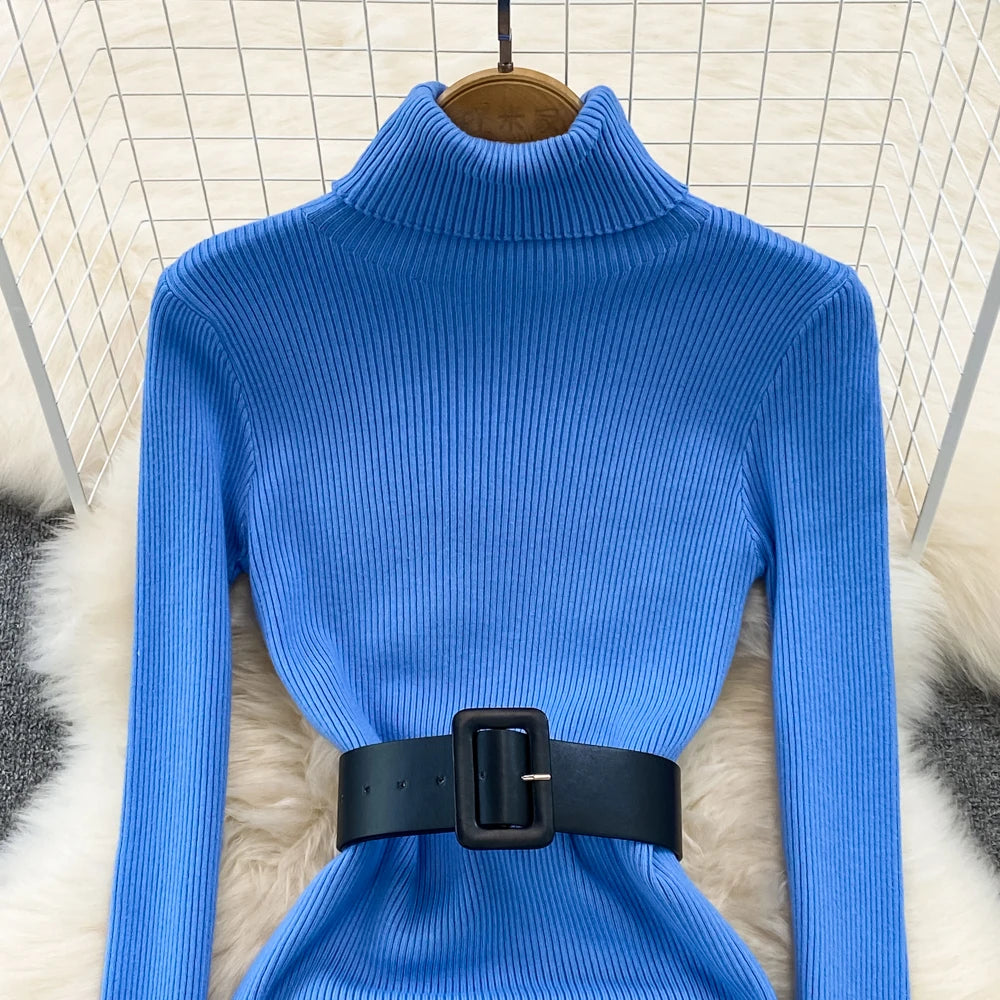 Elegant Turtleneck Long Sleeve Knit Soft Tight Pencil Dress with Belt Slim Fashion Warm Sweater Vestido Sexy Women Winter Robe