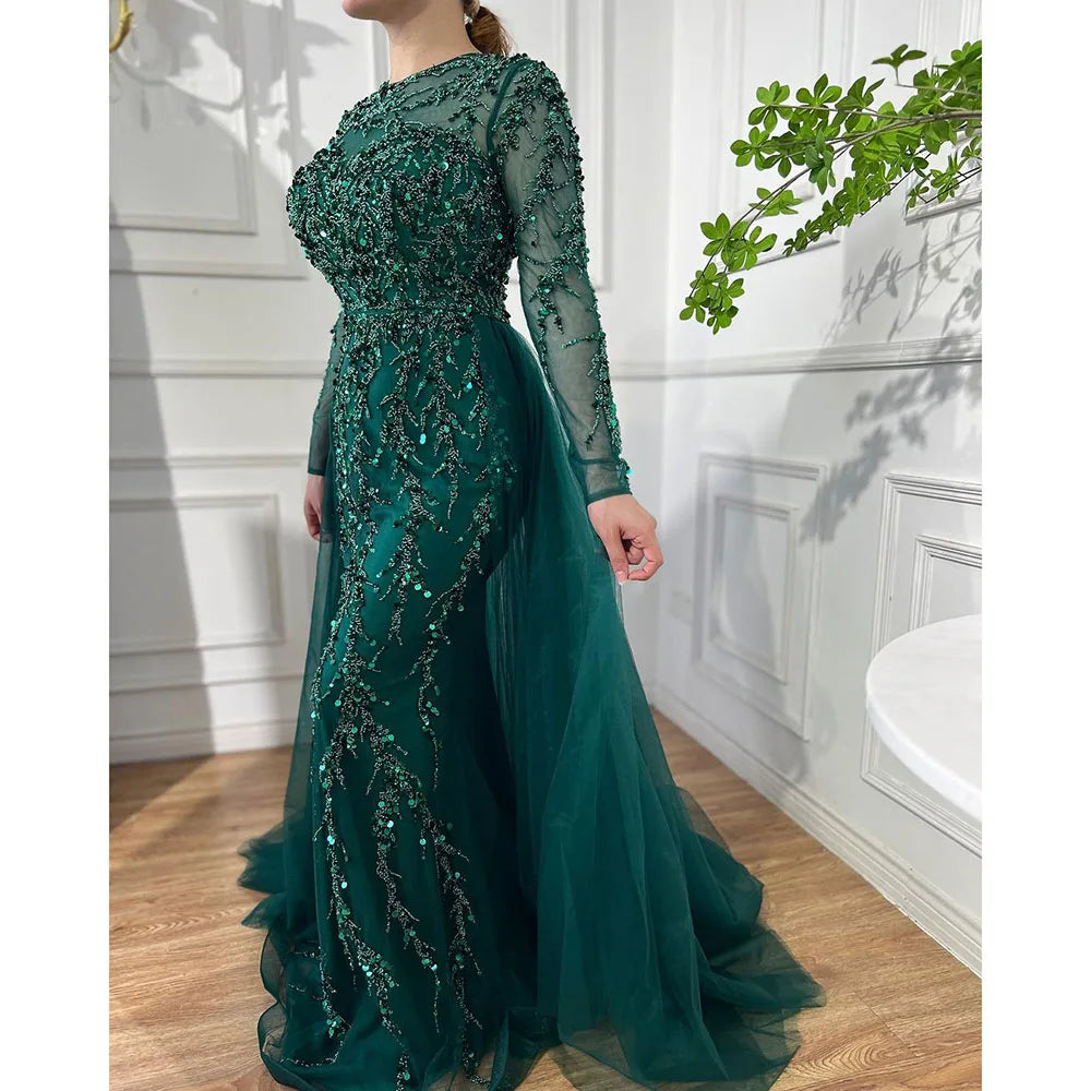 Serene Hill Muslim Green Elegant Mermaid Lace Beaded Luxury Long Evening Dresses Gowns For Women Wedding Party 2024 LA71653L