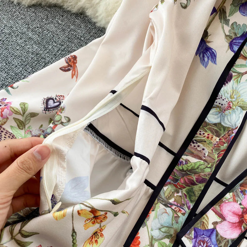 Vintage Elegant Long Dress Women Slim Floral Printed Party Dresses Tie Bow Elastic Waist Lantern Long Sleeve Long Robe Vestidos