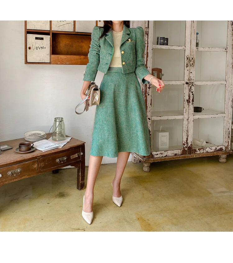 Elegant Temperament Two-Piece Set Tweed for Women Short Blazer Jacket +High Waist Swing Skirt Suits Green Korean Outfits