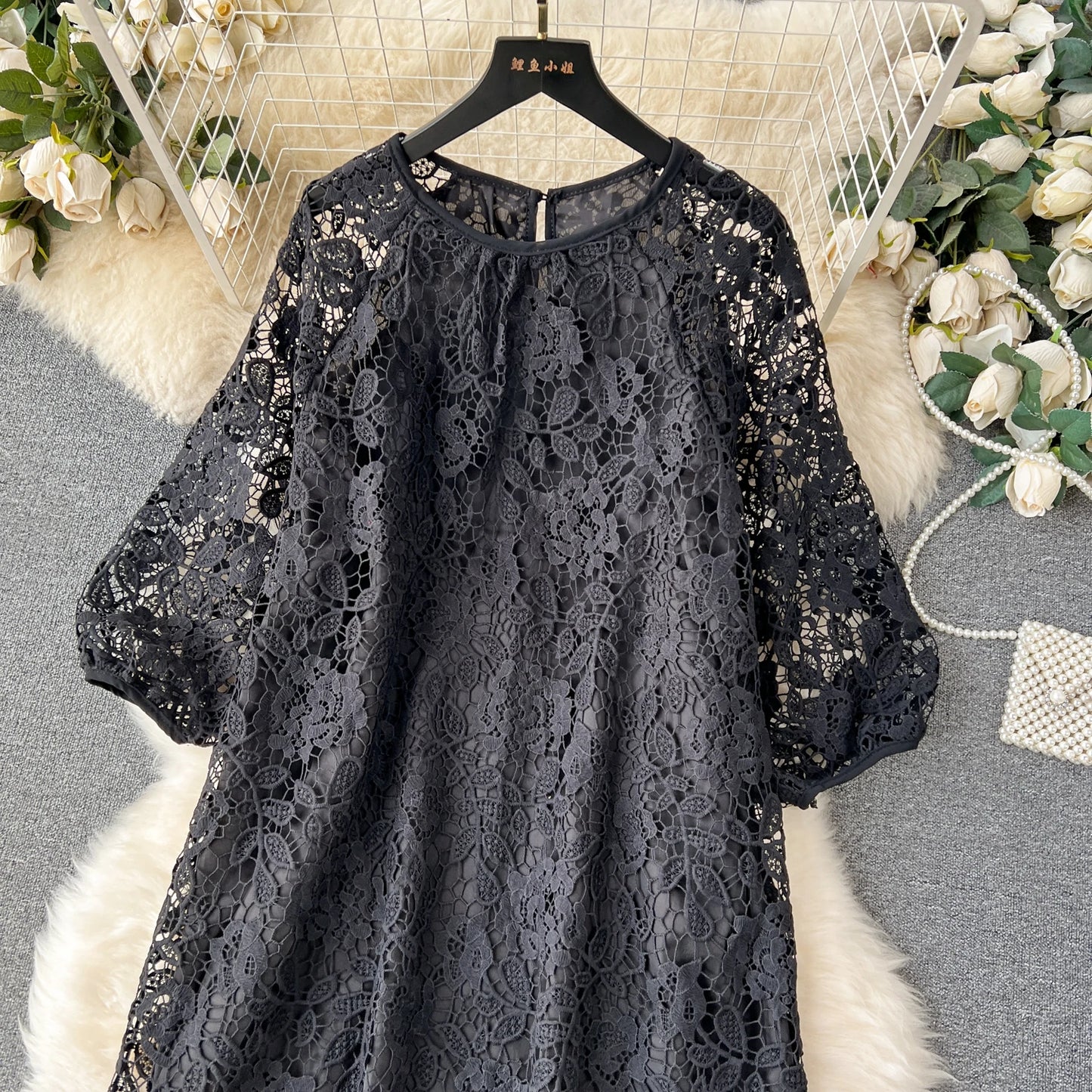 Chic Long Sleeve O Neck Lace Hook Flower Hollow Loose Dress Chiffon A-line Casual Dresses Fashion Women Elegant Vestidos