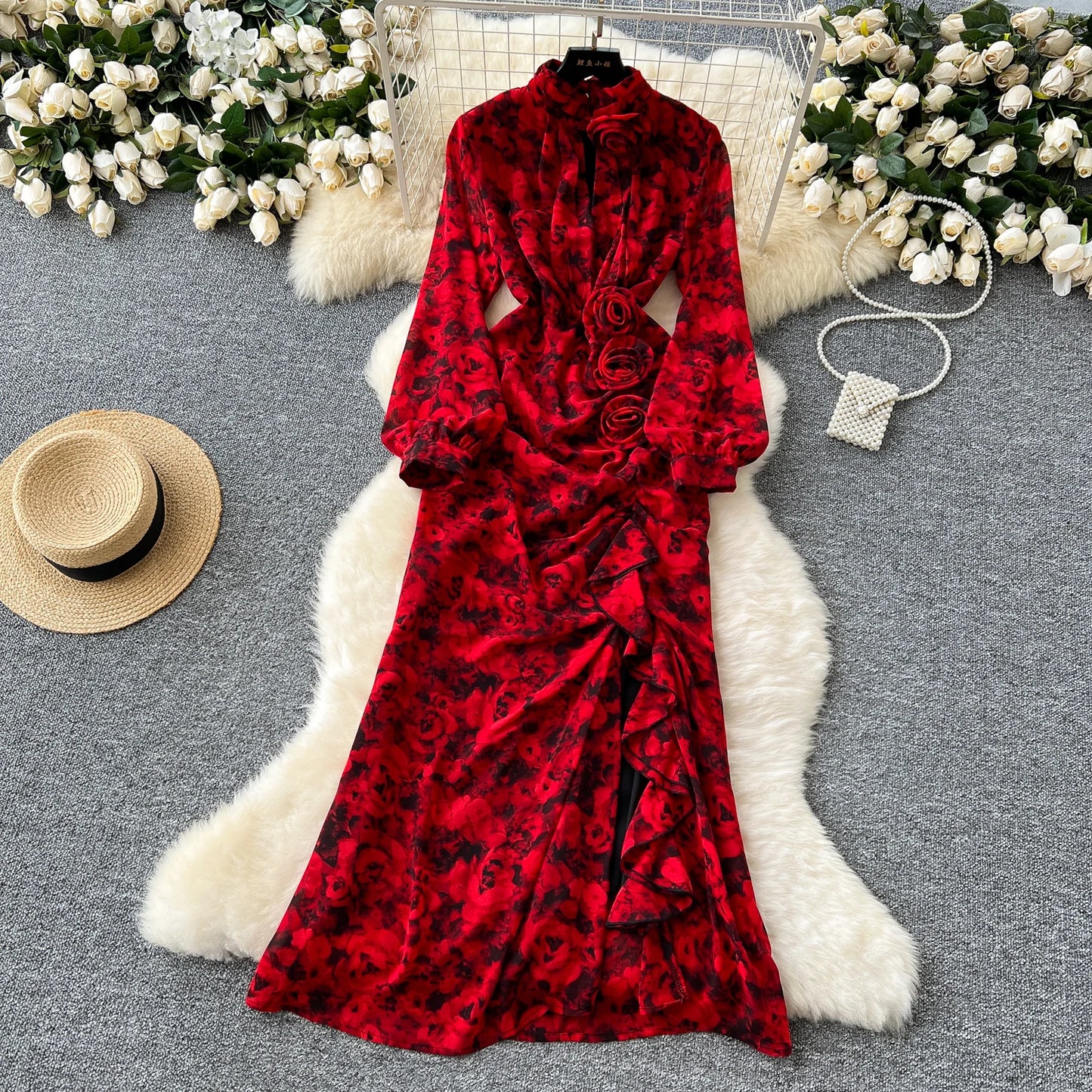 Chic French Sexy Pleated Floral Print Elegant Ruffle Dress Vintage Split Slim High Street Evening Women Autumn Winter Clothing