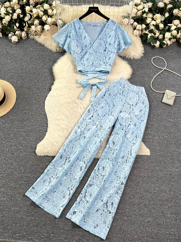 SINGREINY High Street Women Lace Slim Two Pieces Suits Summer Lace Up Short Top+Wide Legs Long Pants Set Retro Lace Floral Sets