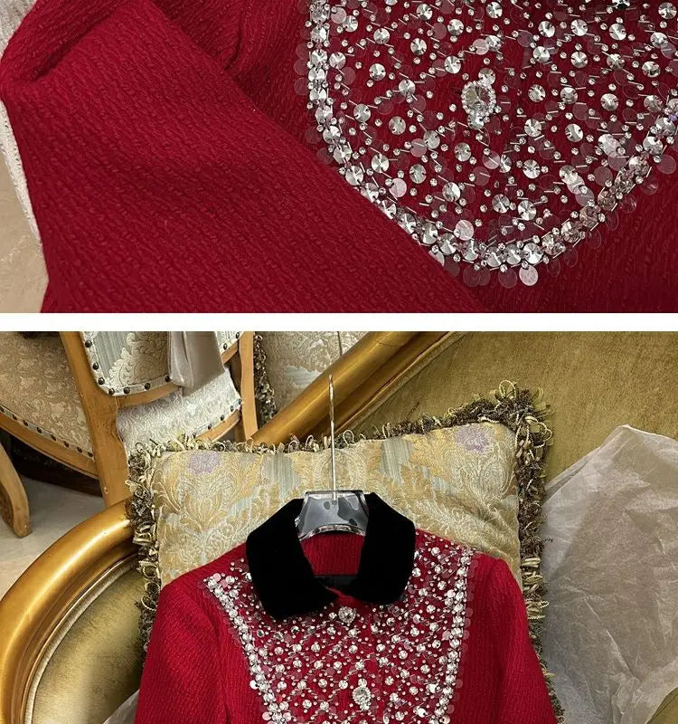 Spring Rhinestone Decoration Tweed Jacket for Women Exquisite Elegant Female Sequin Coat Autumn Trendy Commuter Crop Outerwear