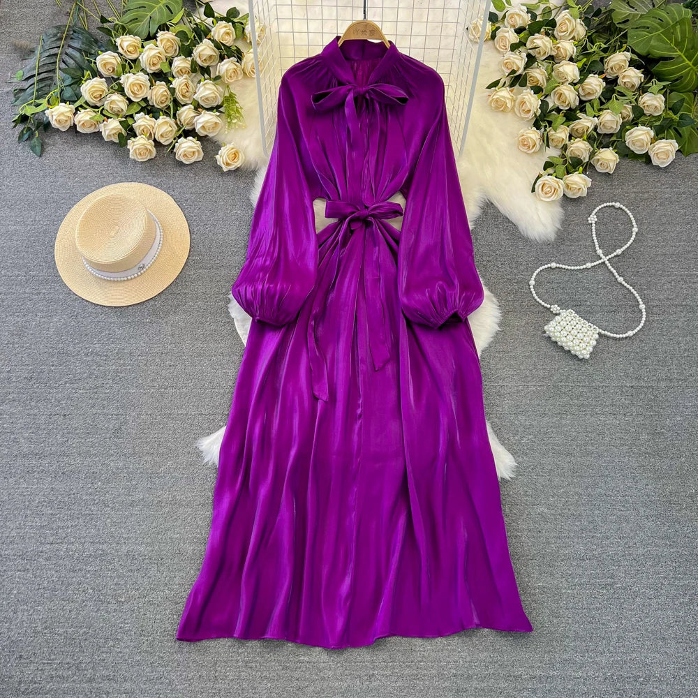 Autumn Elegant Women Fashion Party Long Dress Bow Lace Up Long Sleeve Evening Dresses A-Line Casual Vestidos One Piece Prom Robe