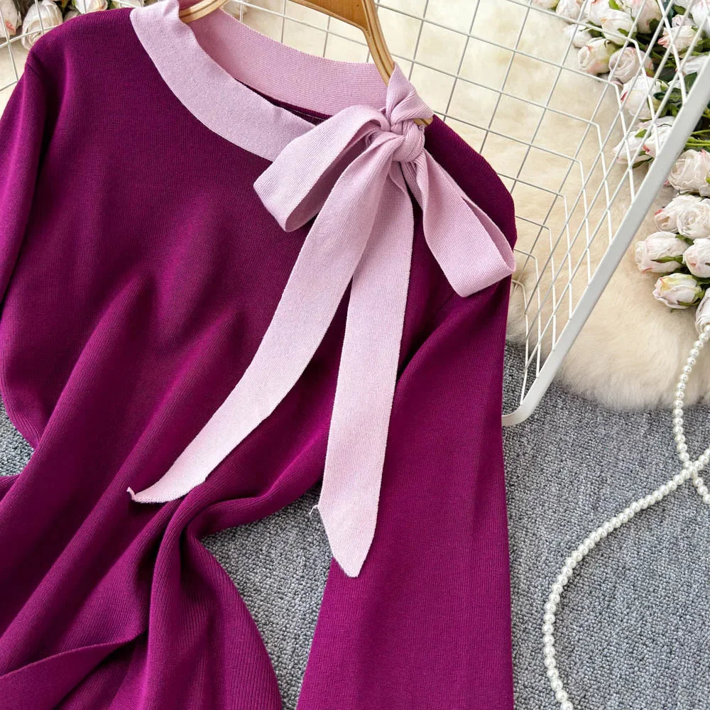 Chic Women Two-Piece Sets Long Lantern Sleeve Chic Bandage O-neck Slim Top and High Waist Wide Leg Pants Korean Casual Clothing