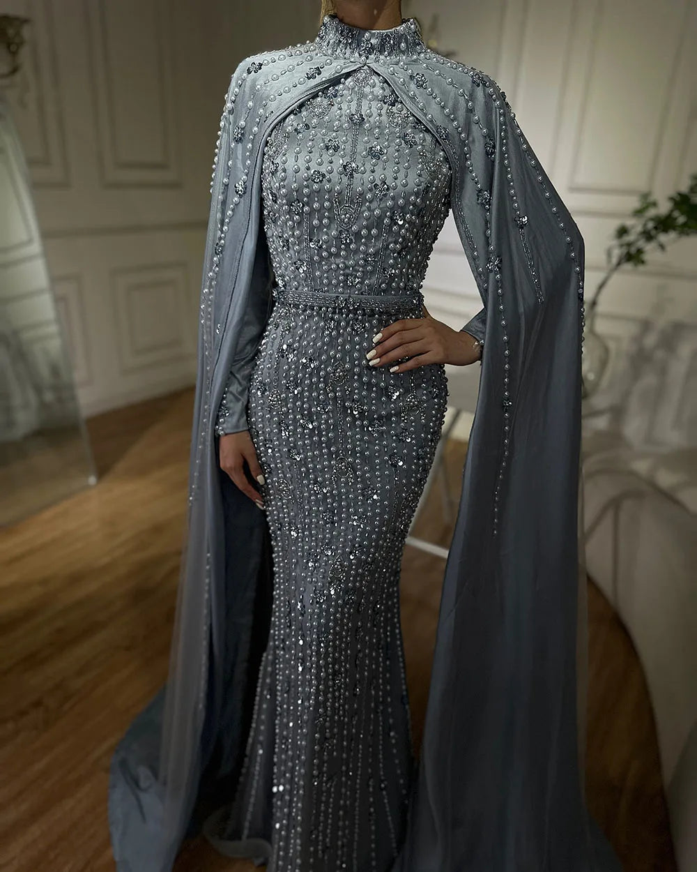 Serene Hill 2024 Luxury Dubai Blue Muslim Mermaid Beaded Evening Gowns with Cape Sleeves for Women's Party LA72533