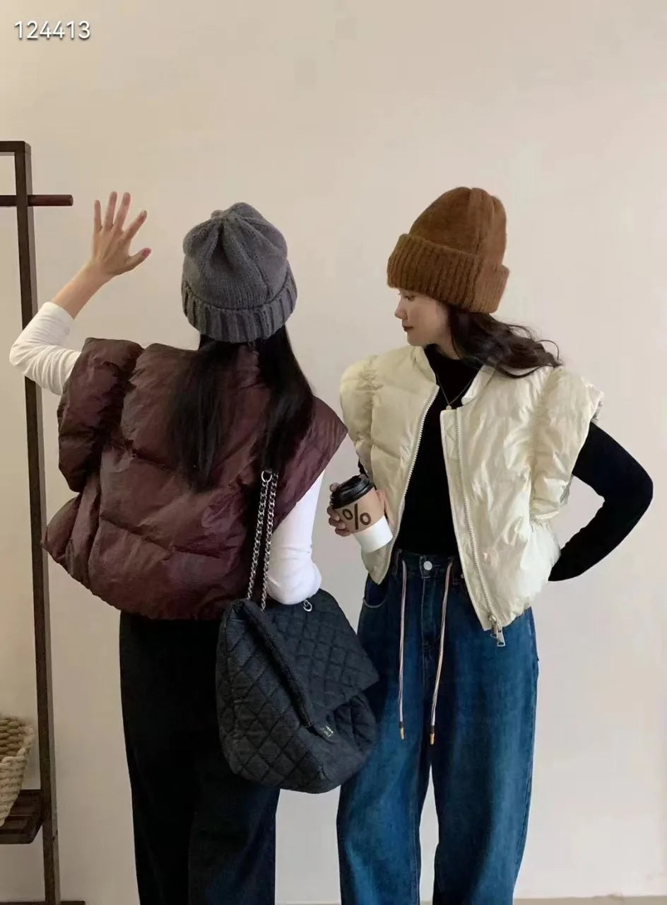 Women's Trendy Down Jacket Vest Winter Chic Sleeveless Zip Coat Round Neck Cropped Warm Waistcoat Female Spring 2024 New