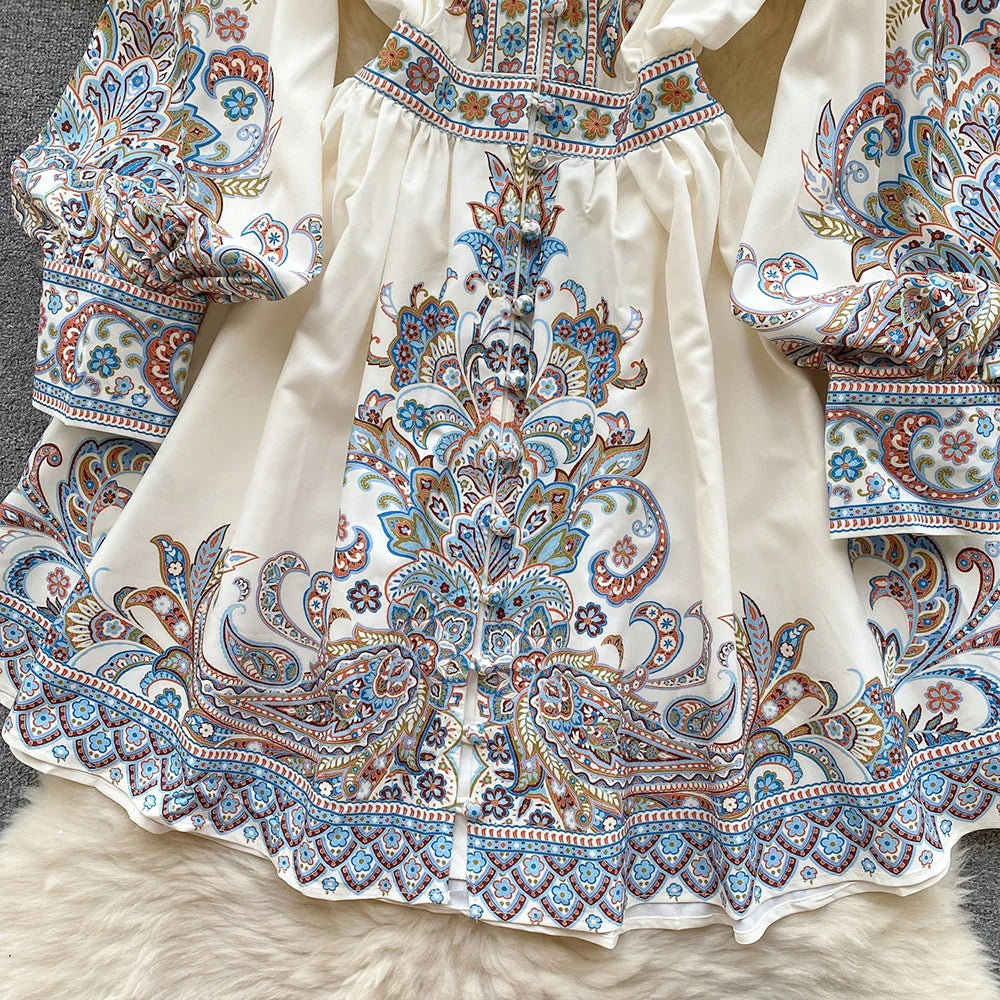 Elegant Dresses For Women 2024 V Neck Vintage Paisley Print Mini Holiday Dress Spring Ruffle Trim Long Sleeve Bohemian Dress