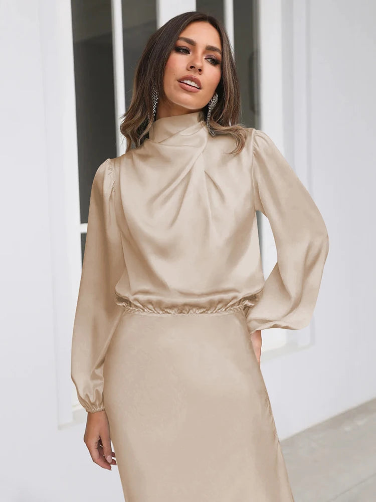 Spring Summer New High-End Satin Long Sleeved Dress Women's Ladylike Elegant Evening Dress Party Clothes Celebrity Dresses