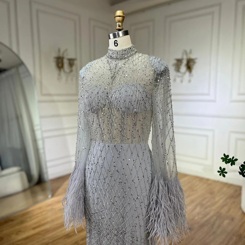 Serene Hill 2024 Women Wedding Party Dubai Gowns Nude Illusion Cut Out Lace Beaded Feathers Mermaid Long Evening Dresses LA72394