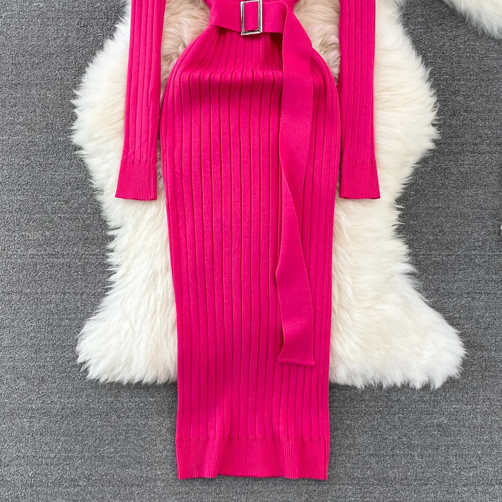 Chic Elegant Turtleneck Long Sleeve Bodycon Dress with Belt Sexy Fashion Knit Vestido Slim Autumn Winter Pencil Sweater Robe