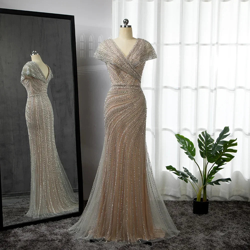 Silver Nude Mermaid Evening Gowns for Women 2023 Dubai Luxury Beading Sparkle Sleeveless Sexy Formal Dress BLA71686 Serene Hill