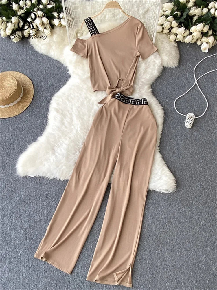 SINGREINY Vacation Casual Sports Suits Summer Off Shoulder Short Camis Tops+High Waist Wide Leg Pants Women Y2K Two Pieces Sets