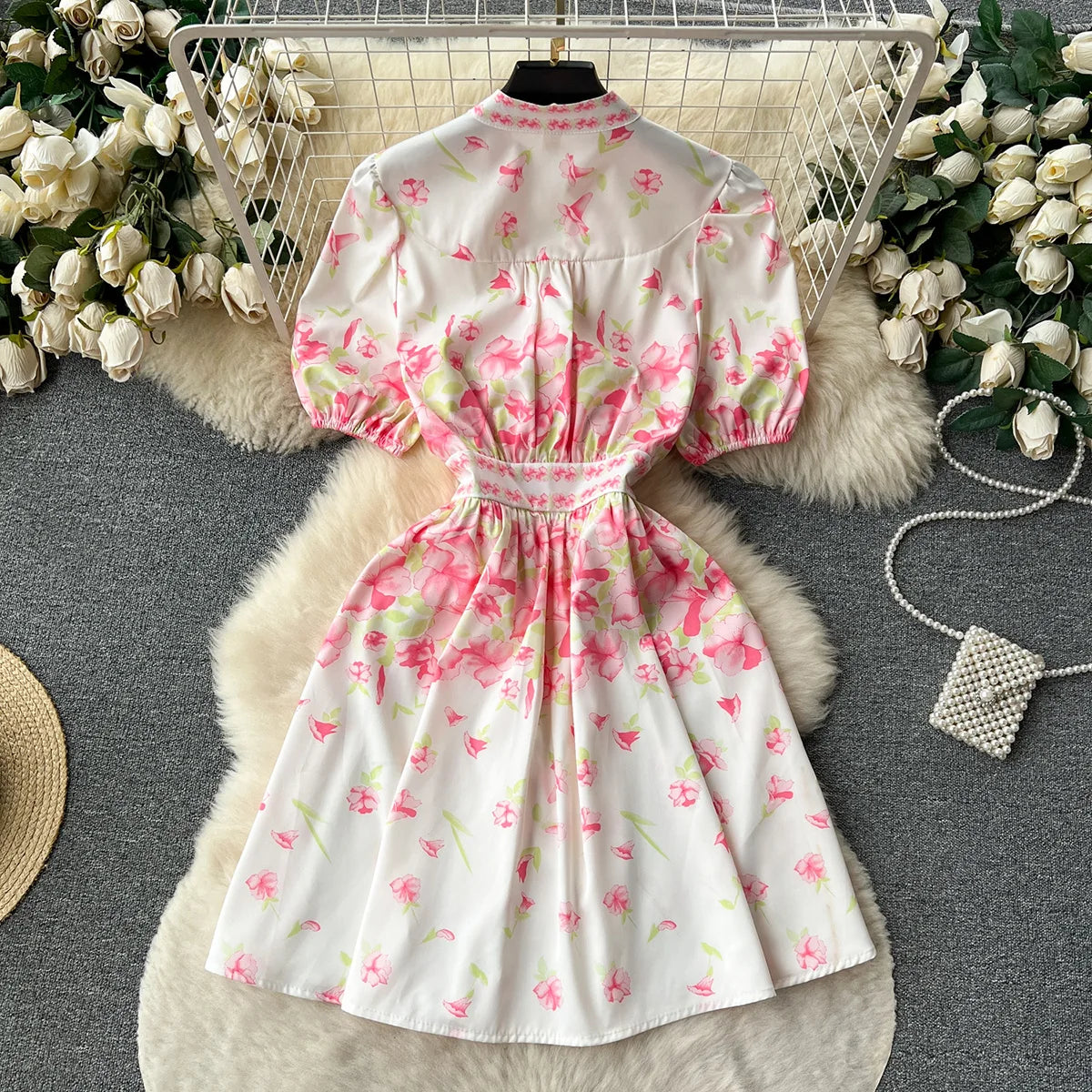 Summer Clothes Holiday Dresses Women 2023 Elegant Fashion Vintage Flower Print Dress Short Sleeve Button Up A Line Mini Dress