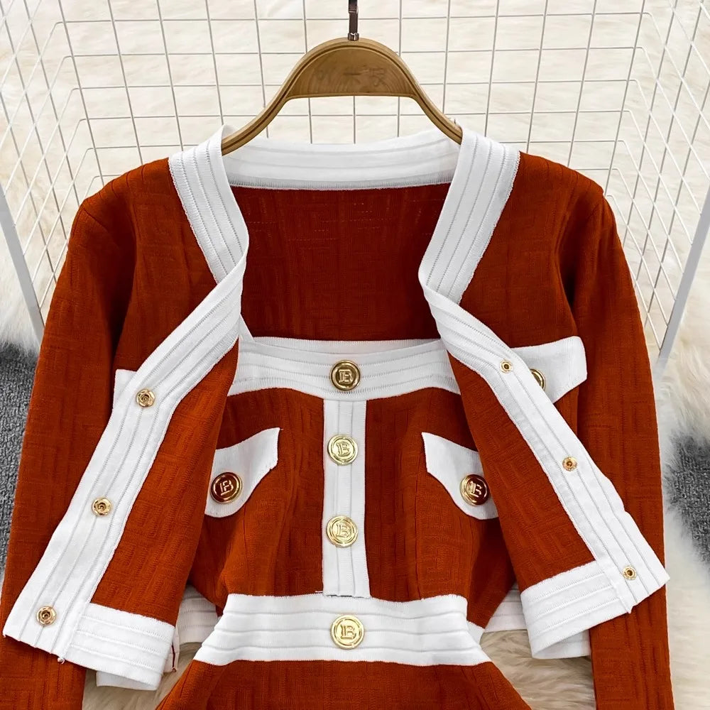 Spring Autumn New Trendy Knitted Two Piece Set for Women Vintage Elegant Slim Suits V-neck Short Cardigan+Mini Hip Wrap Dress
