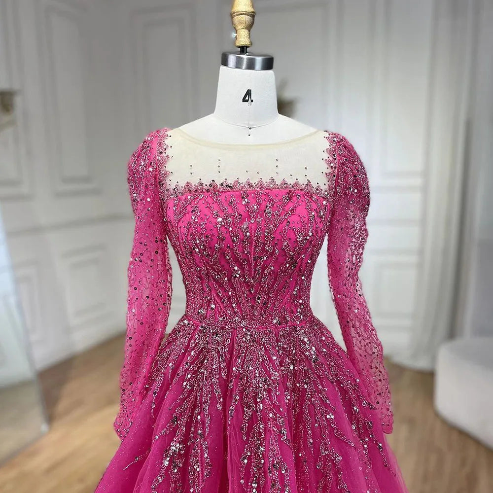 Serene Hill Muslim Pink A Line Beaded Luxury Dubai Long Evening Dresses Gowns 2024  For Woman Wedding Party LA71915
