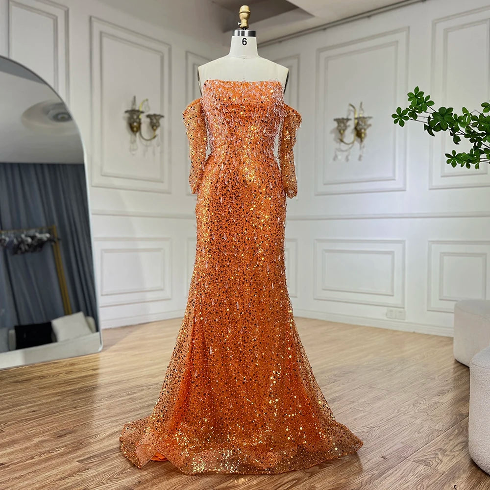 Serene Hill Arabia Orange Mermaid Strapless Luxury Beaded Crystal Evening Dresses Gowns for Women Wedding Party 2024 LA72402