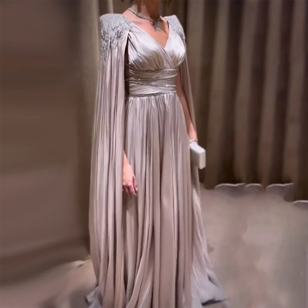 Serene Hill 2024 Nude Beaded Satin A-Line Saudi Arabic Evening Dress Gown with Cape Sleeves for Formal Occasion GLA72663
