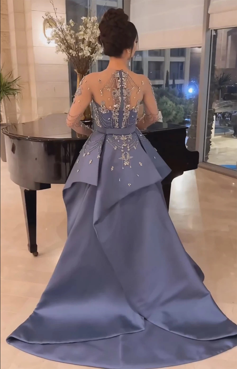 Serene Hill 2024 Elegant Blue Saudi Arabic With Overskirt Evening Gown Crystal Beaded Dress for Formal Occasion LA72757