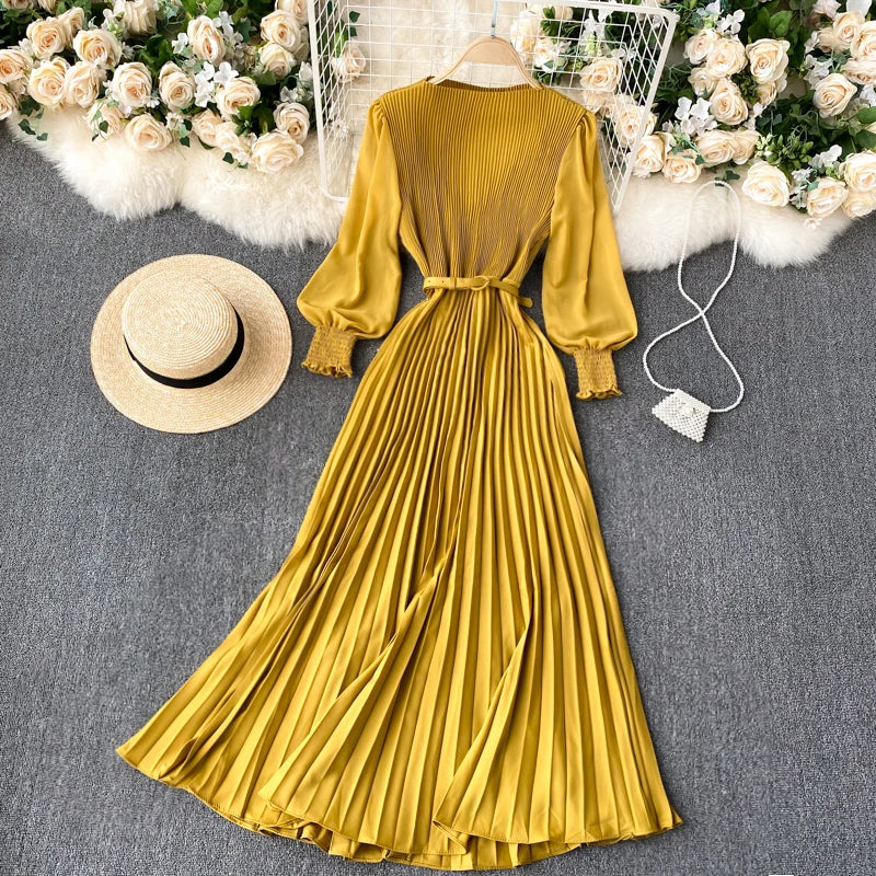 Chic Pleated Elegant Puff Sleeve Dress A-line Chiffon High Waist Belt Beach Vacation Party Dress Women Summer Spring Vestidos