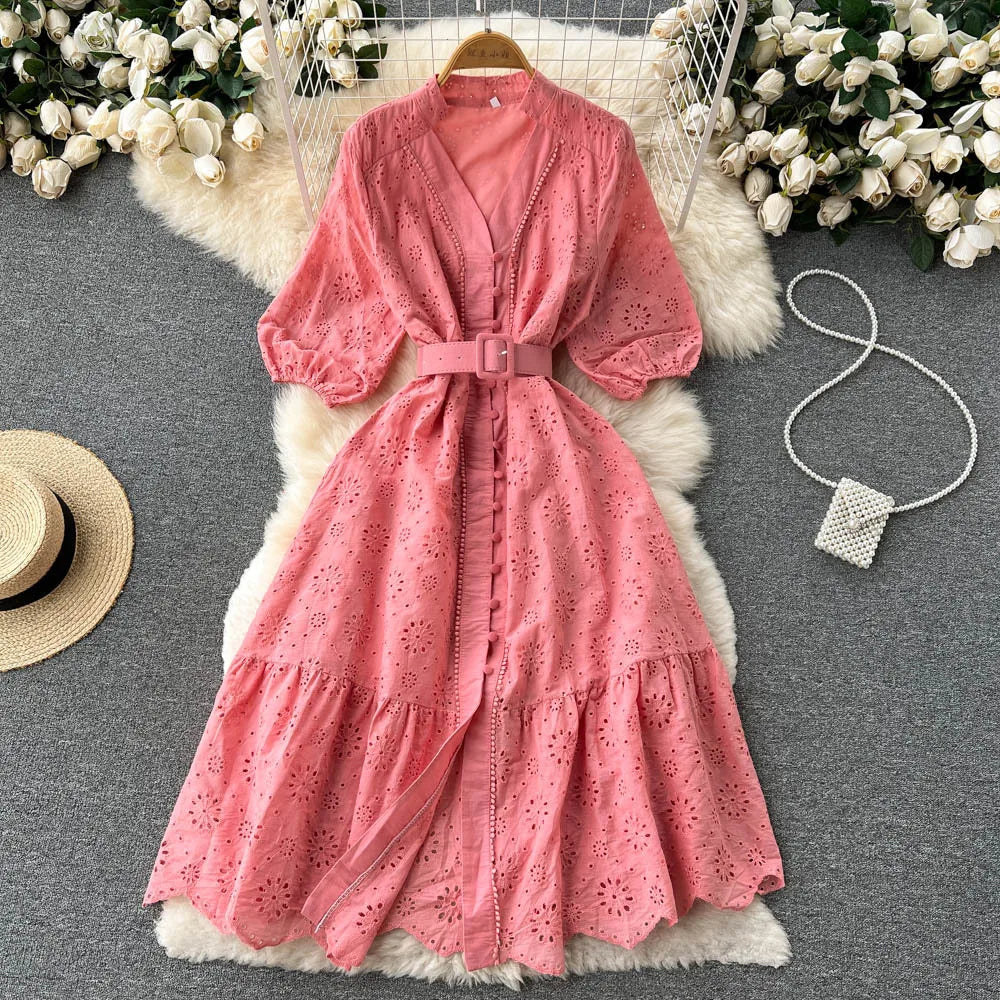 Summer V-neck Hollow Out Dress Women Bubble Sleeves Loose Embroidered Ruffle Edge Long Dresses Ladies Elegant Casual Long Robe